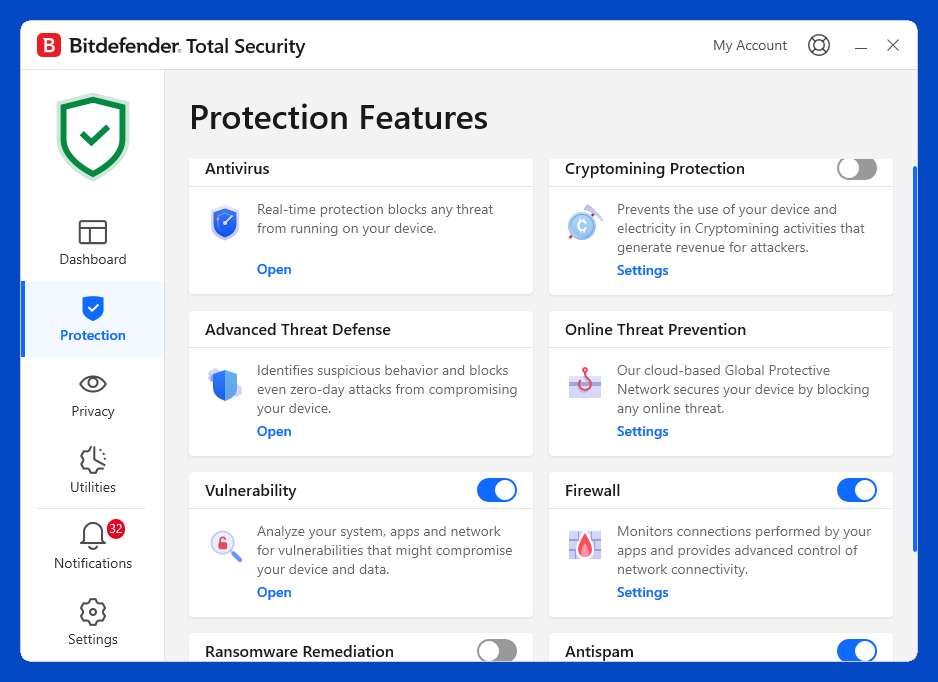 Bitdefender Total Security interface